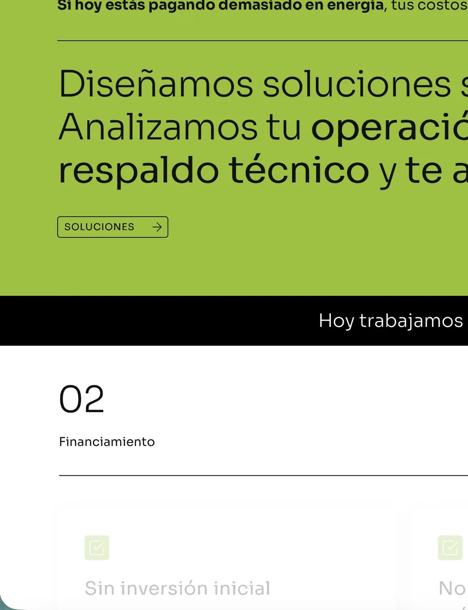 Detalle de la sección de soluciones y financiamiento del sitio, en verde y negro