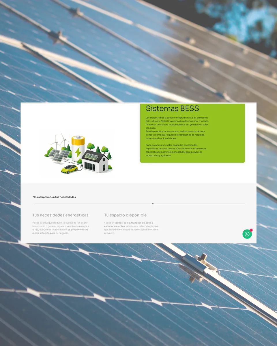Sección Sistemas BESS del sitio, con la ilustración del sistema de almacenamiento de energía