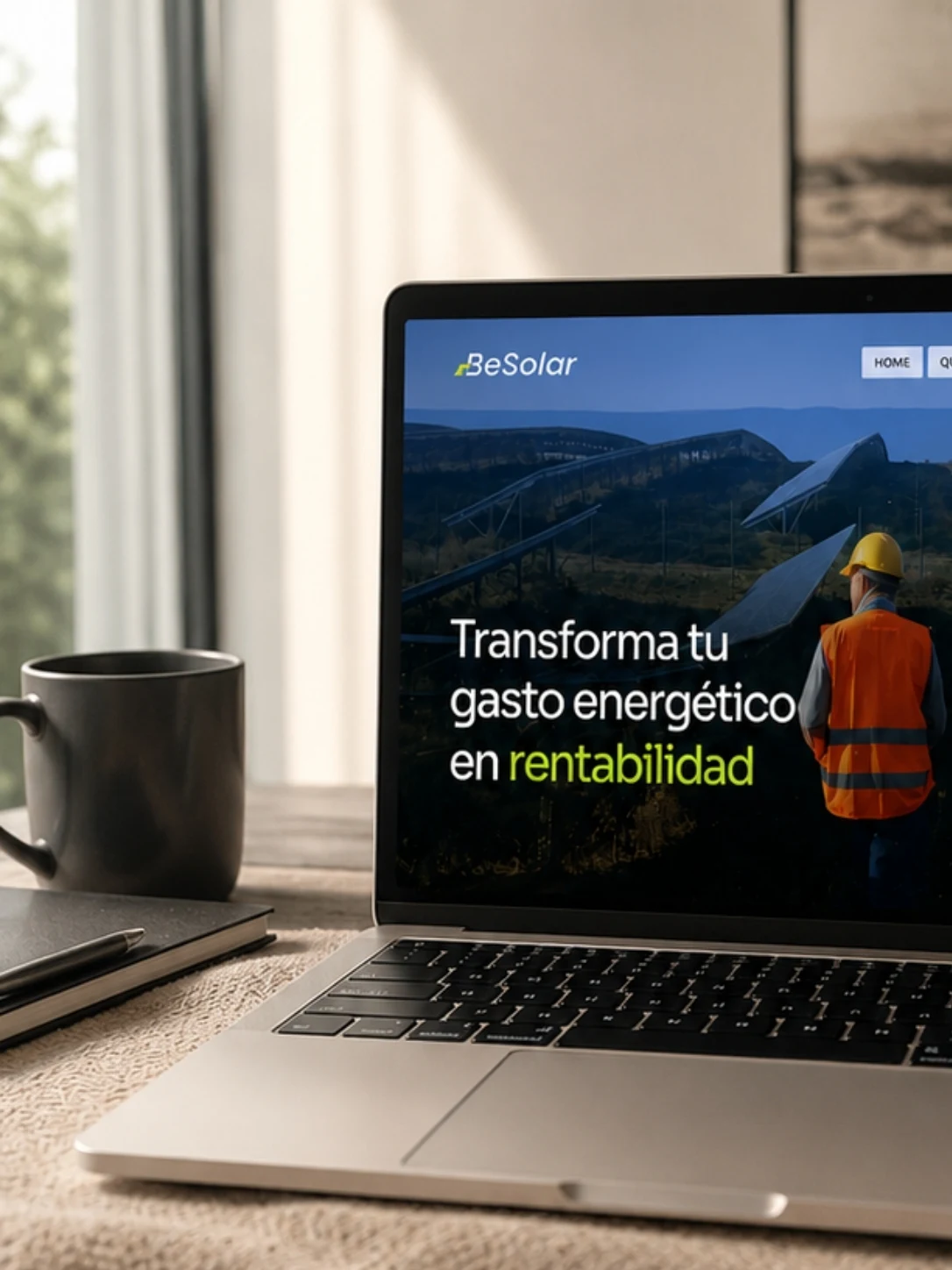 Sitio de BeSolar en un portátil sobre un escritorio, con paneles solares por la ventana