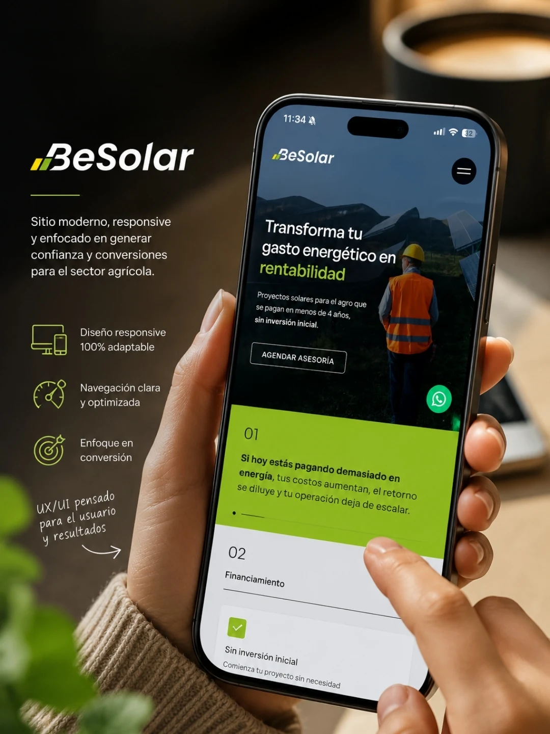 Lámina del rediseño con dos teléfonos mostrando el sitio y las tres claves del proyecto