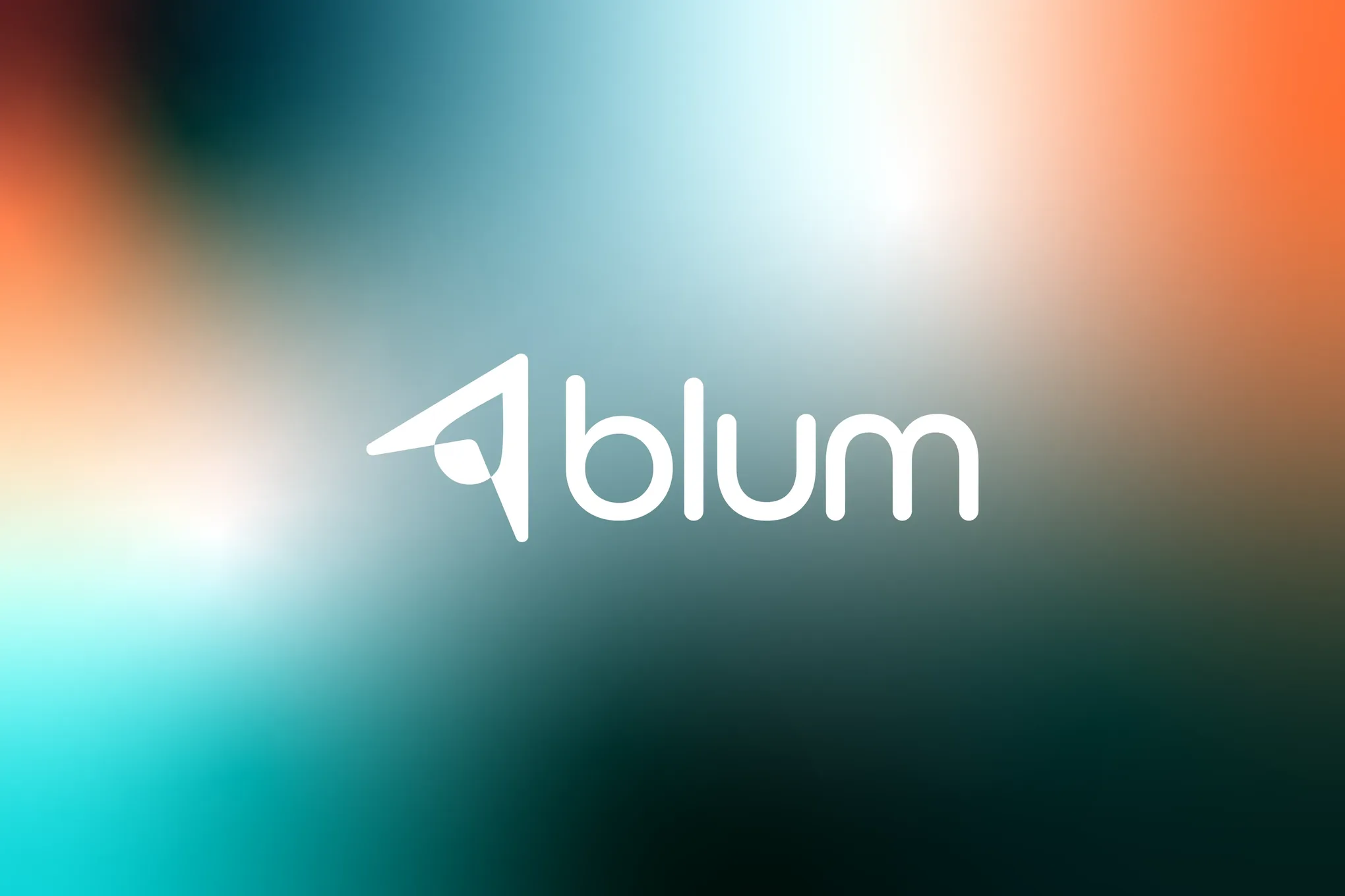 Logotipo de Blum en blanco sobre un degradado de verde petróleo y naranjo