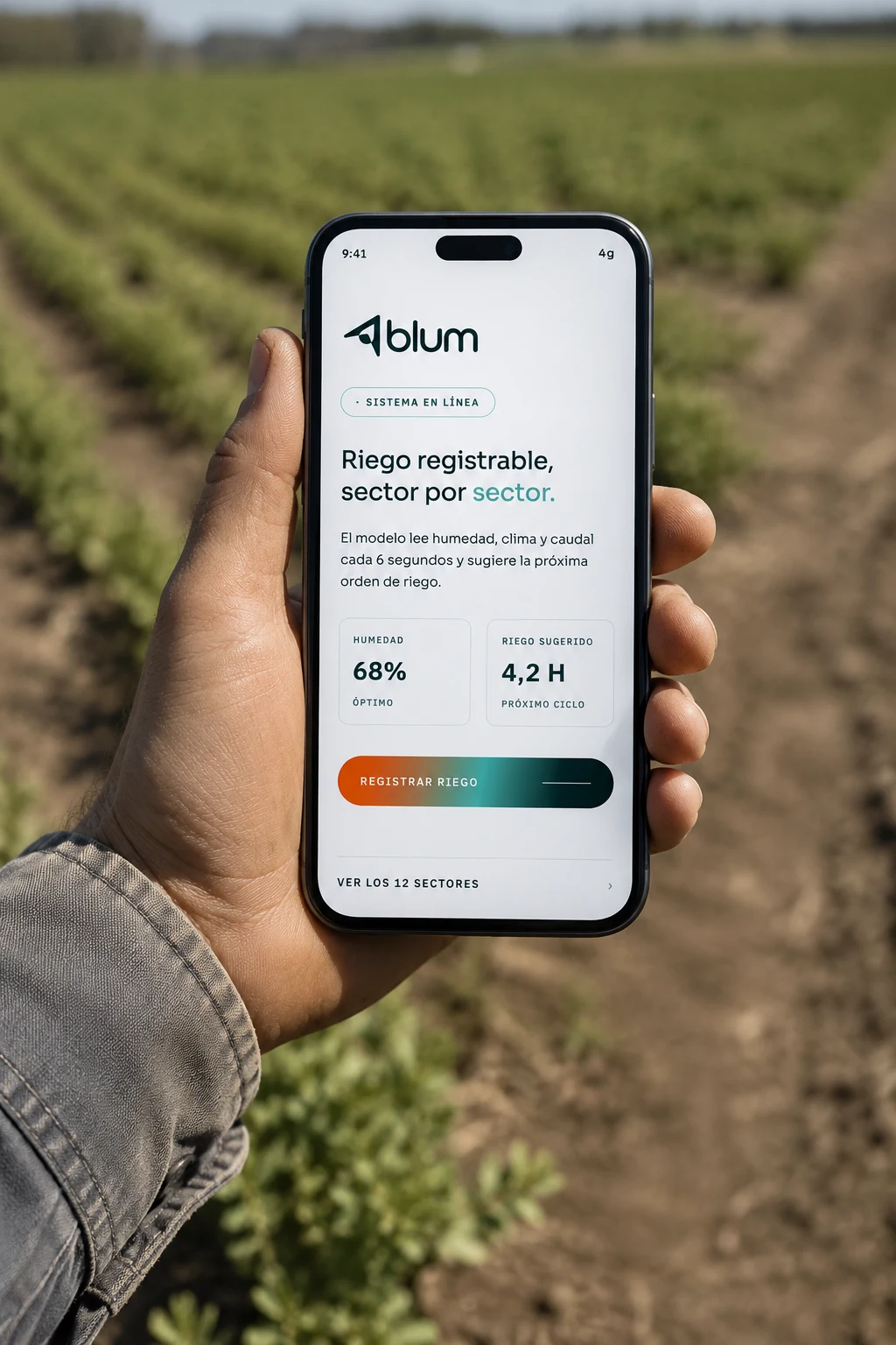 Mano sosteniendo un teléfono con la aplicación de Blum —riego registrable por sector— en medio de un cultivo