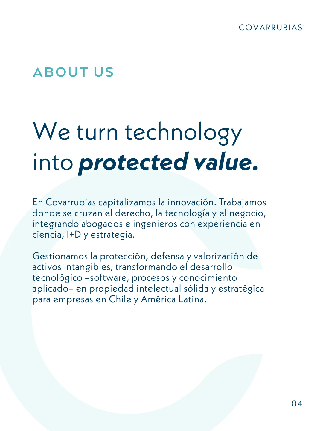 Lámina About Us con la frase We turn technology into protected value y el texto de presentación del estudio
