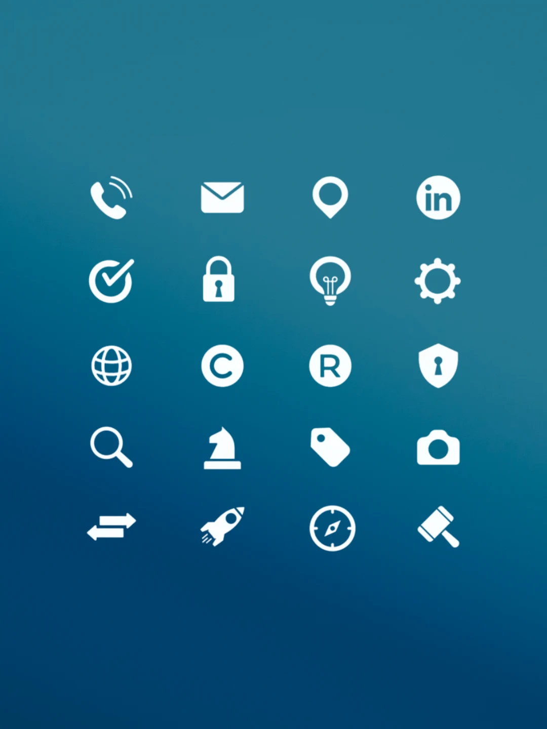 Set de veinte iconos de la marca en blanco sobre azul: contacto, seguridad, propiedad intelectual y búsqueda