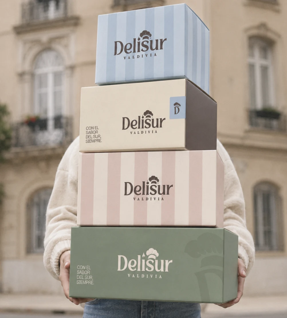 Persona cargando cuatro cajas de Delisur apiladas, en celeste, crudo, rosado y verde