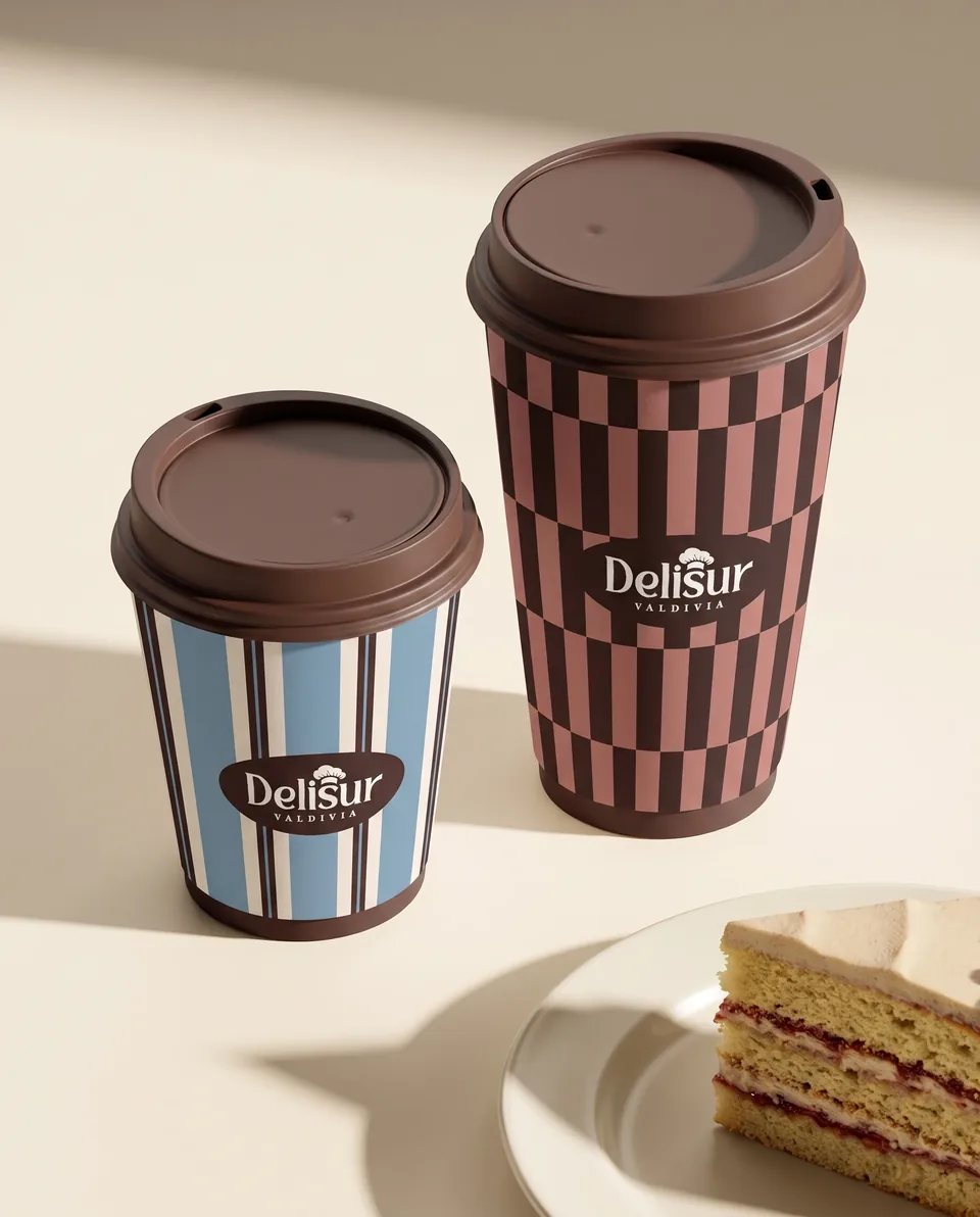 Dos vasos de café para llevar de Delisur, uno a rayas celestes y otro a cuadros café, junto a un trozo de torta