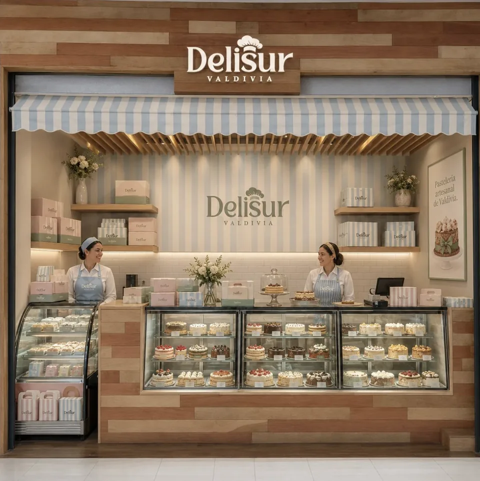 Fachada del local de Delisur con su toldo a rayas, las vitrinas de pastelería y dos personas atendiendo