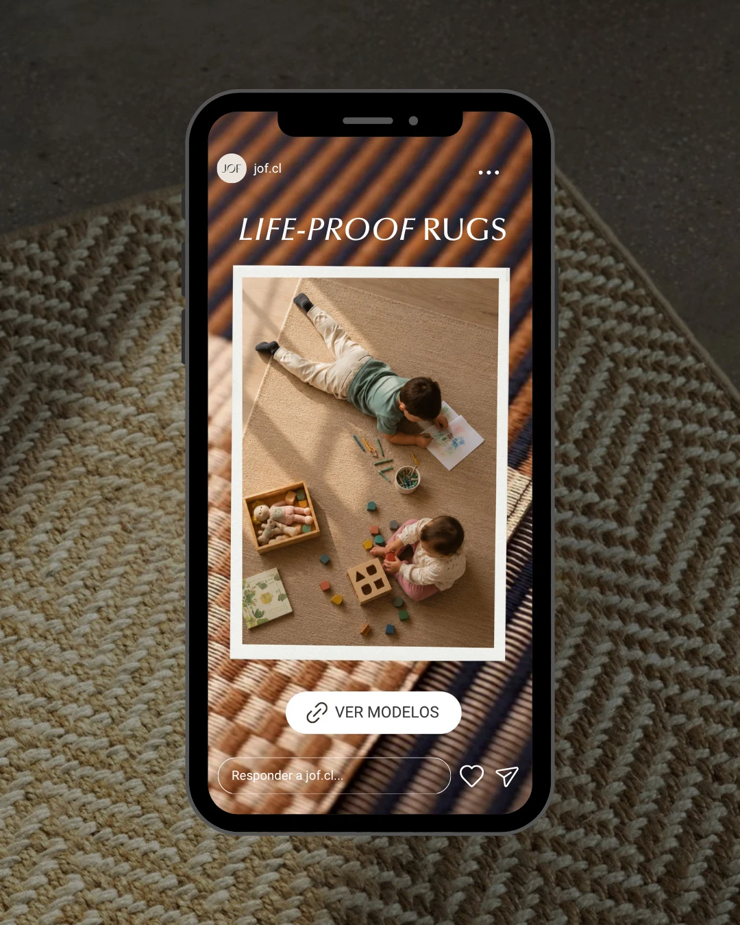 Historia de Instagram de JOF sobre alfombras Life-Proof Rugs, vista en un teléfono