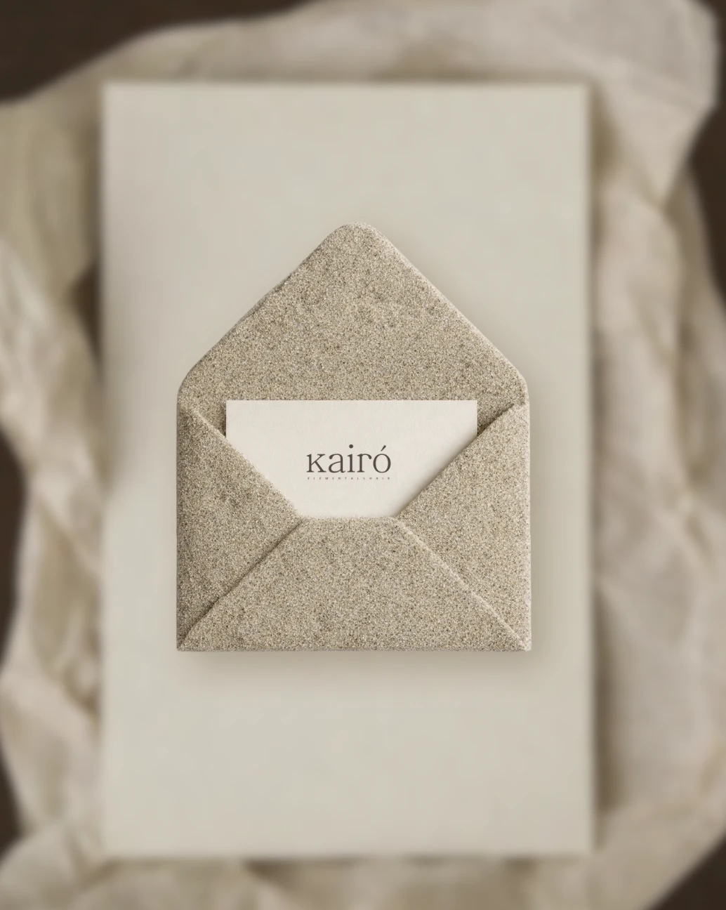 Sobre de papel texturado color arena con una tarjeta con el logotipo de Kairó