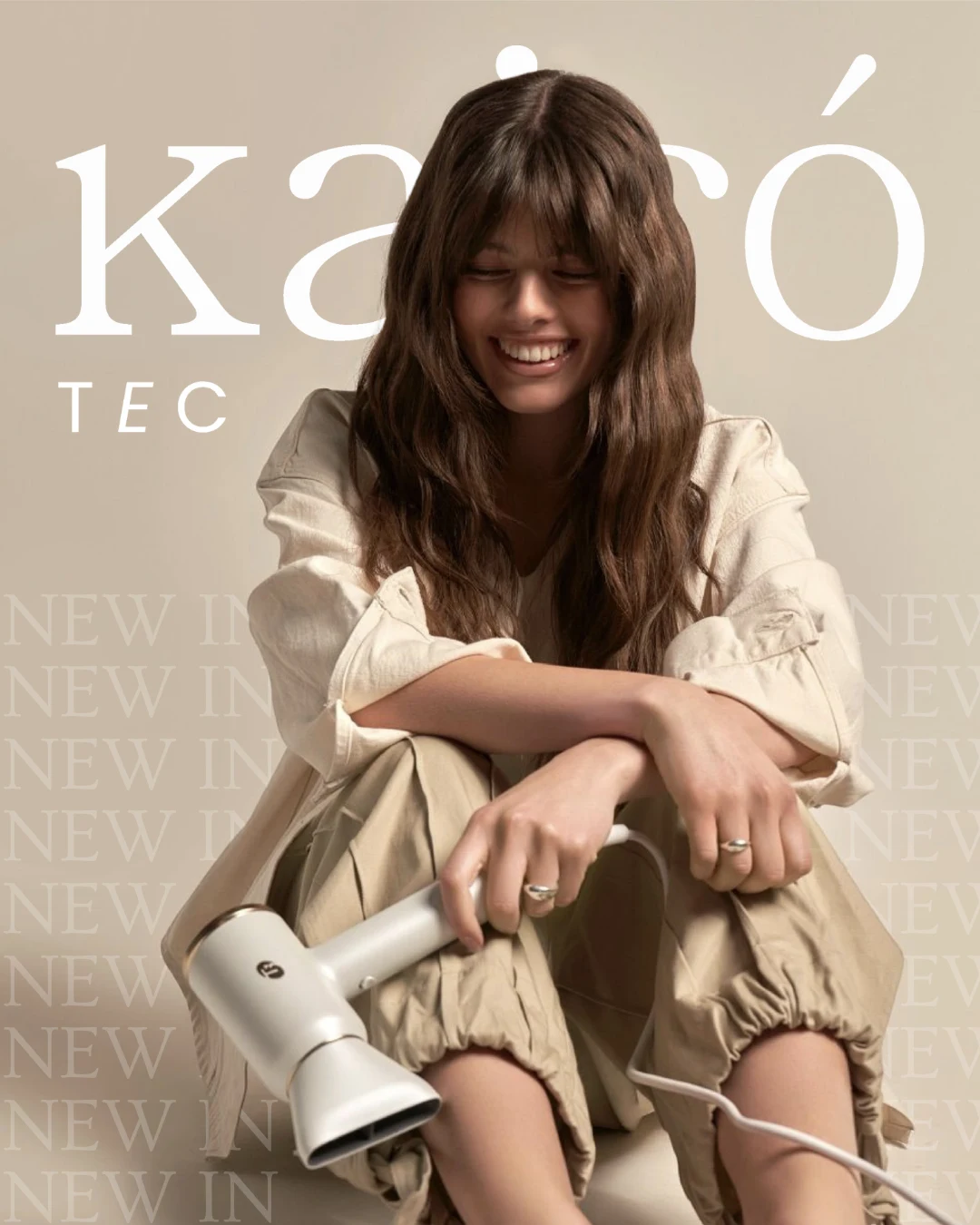Pieza de lanzamiento con una modelo sosteniendo un secador de pelo y el logotipo Kairó Tec