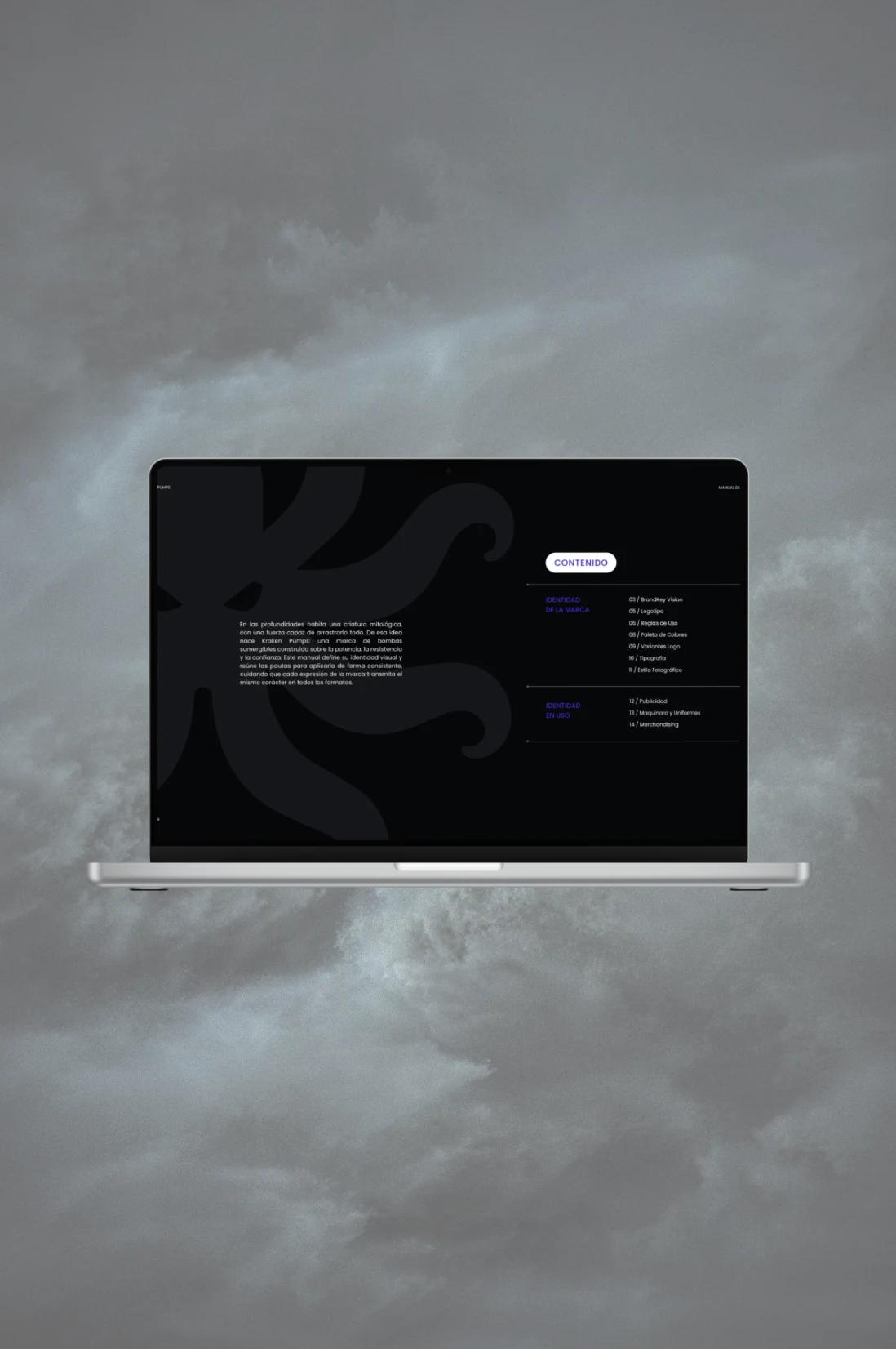 Sitio web de Kraken en un portátil, sobre un fondo de cielo tormentoso