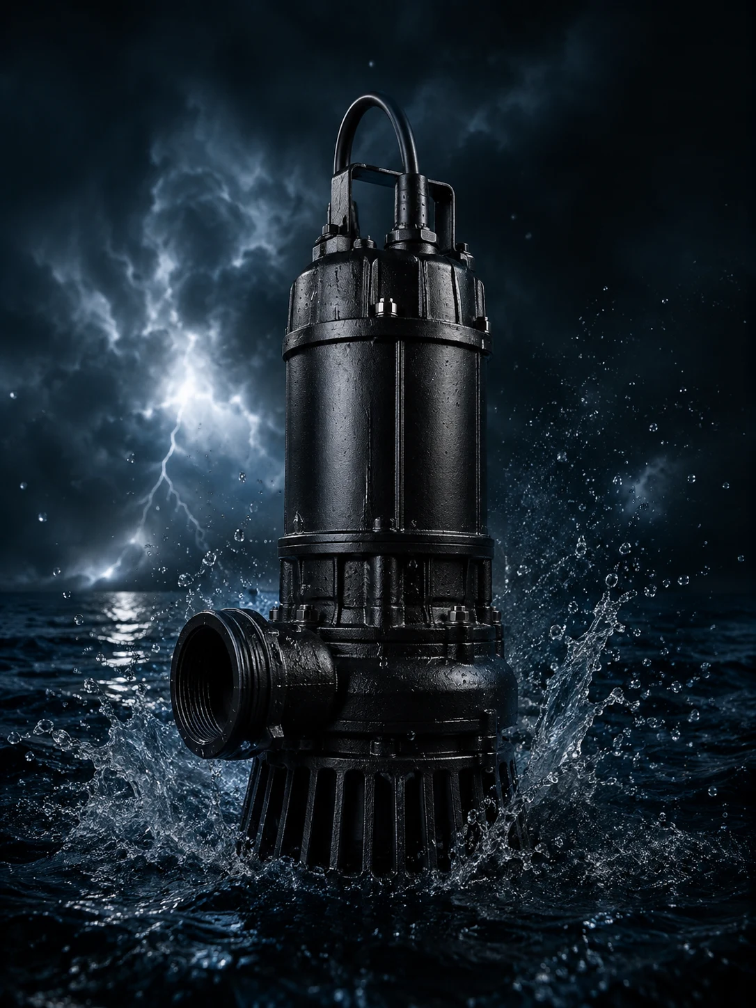 Bomba sumergible Kraken emergiendo del agua, con un rayo al fondo