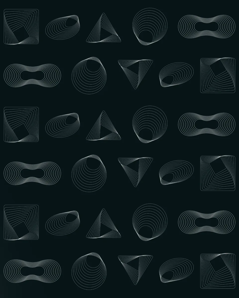 Veinte recursos gráficos de la marca en verde oscuro: formas orgánicas, triángulos y tramas concéntricas