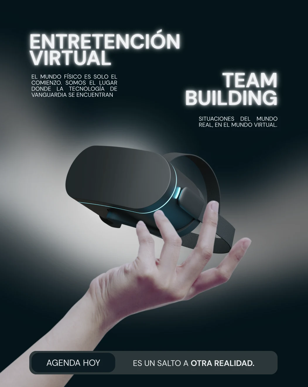 Afiche de entretención virtual y team building, con una mano sosteniendo unas gafas de realidad virtual