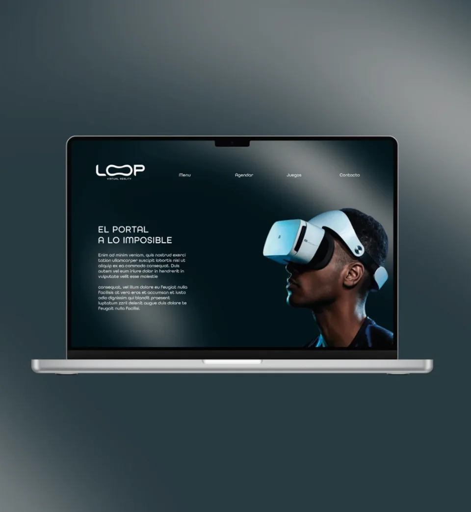 Sitio web de Loop en un portátil, con la sección El portal a lo imposible y una persona usando gafas VR