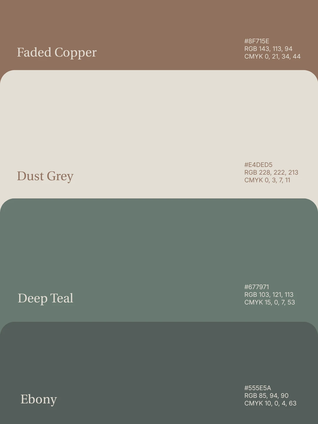 Paleta de la marca: Faded Copper, Dust Grey, Deep Teal y Ebony, cada color con su código