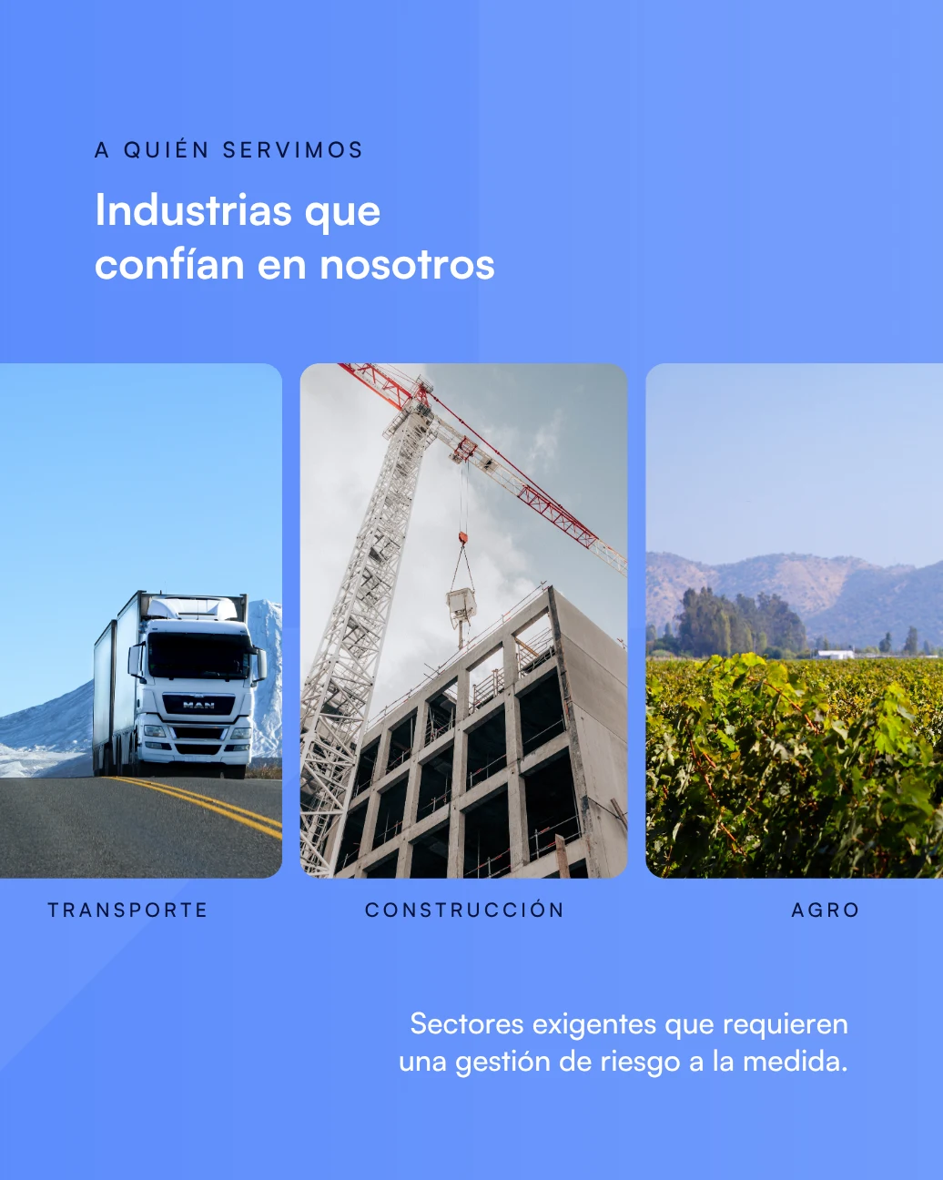 Pieza A quién servimos, con fotografías de transporte, construcción y agro