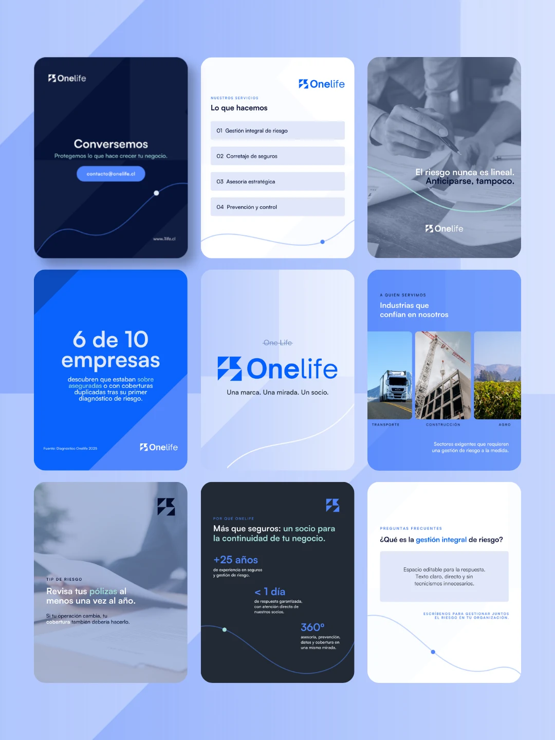 Nueve publicaciones de Instagram de Onelife en azules, con datos, fotografías y mensajes de marca