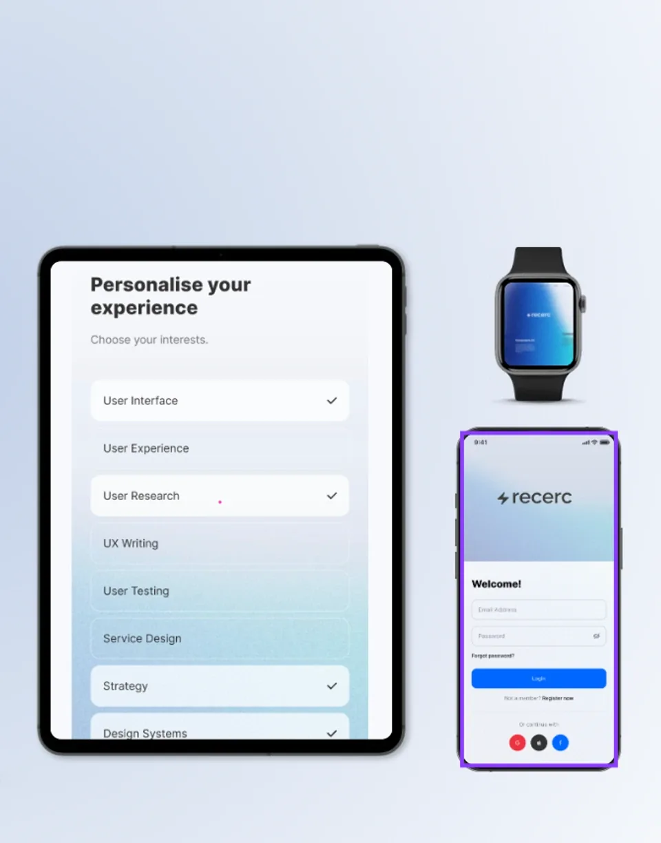 Pantallas de Recerc en tablet, teléfono y reloj, con la configuración de preferencias del usuario