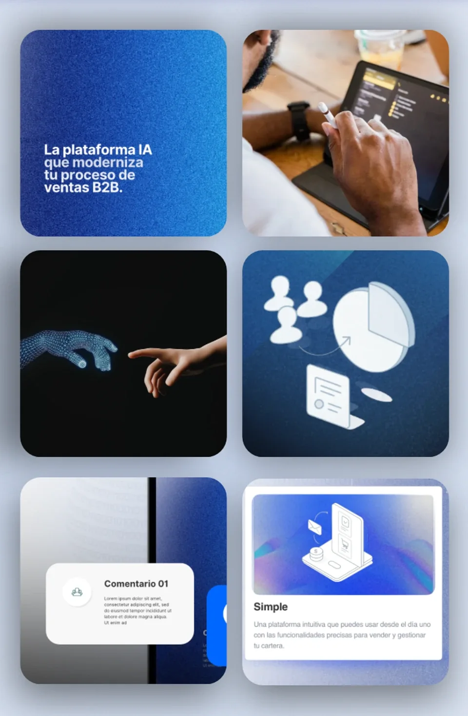 Seis piezas para redes sociales de Recerc, alternando fotografía, ilustración y texto sobre azul