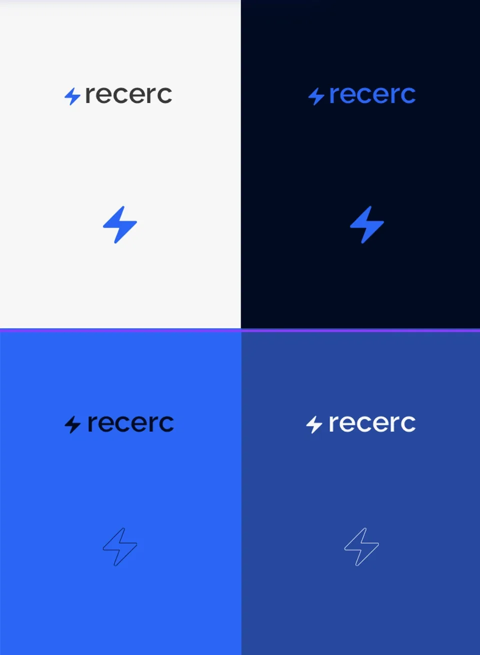 Las cuatro versiones del logotipo de Recerc sobre fondo blanco, azul marino y dos azules eléctricos