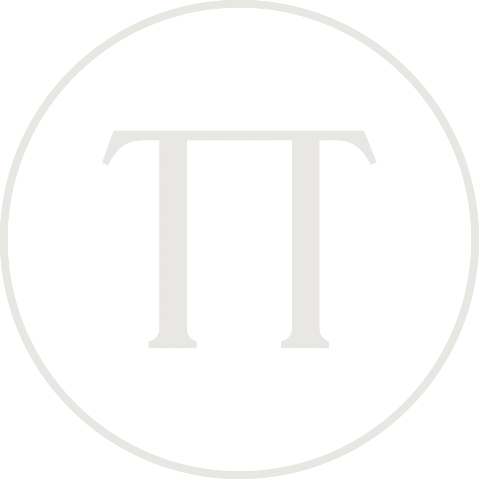 Monograma de Santté, dos letras T enlazadas dentro de un círculo, en gris claro sobre gris