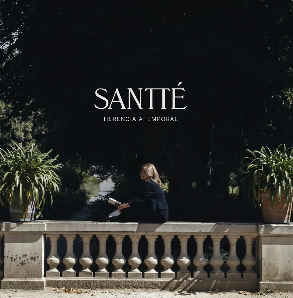 Logotipo de Santté sobre una fotografía nocturna de una mujer sentada en una terraza con plantas