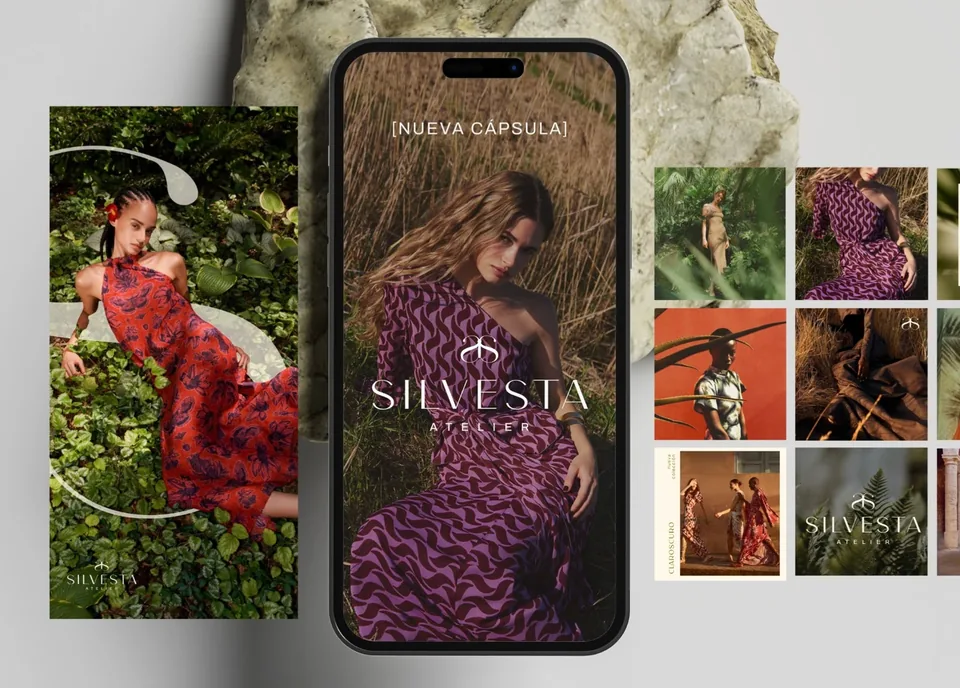 Historias de Instagram de Silvesta con vestidos estampados en rojo y morado, junto a una cuadrícula de publicaciones