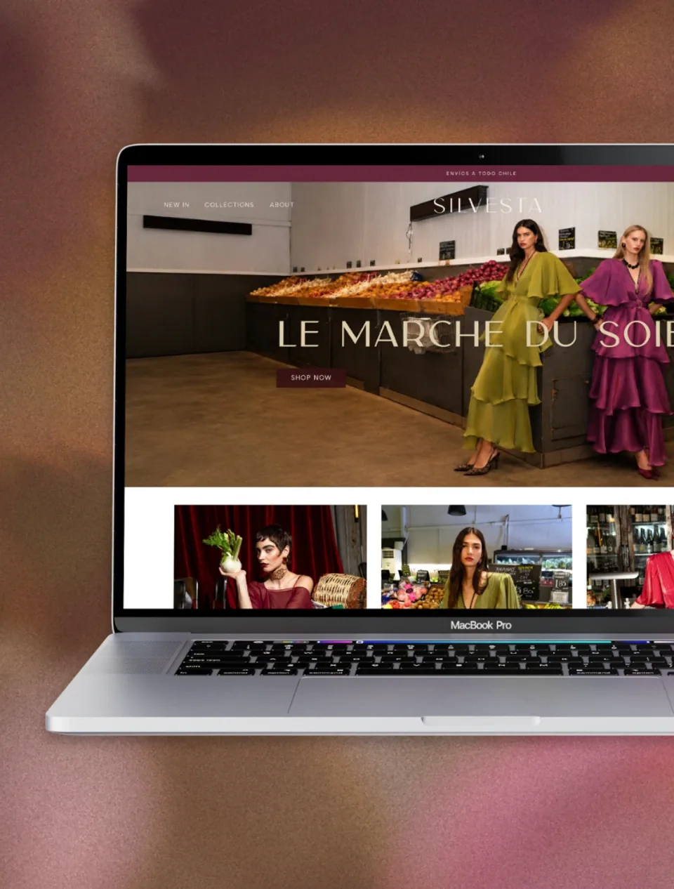 Página web de Silvesta abierta en un portátil, con la sección Le Marché du Soir y una galería de vestidos