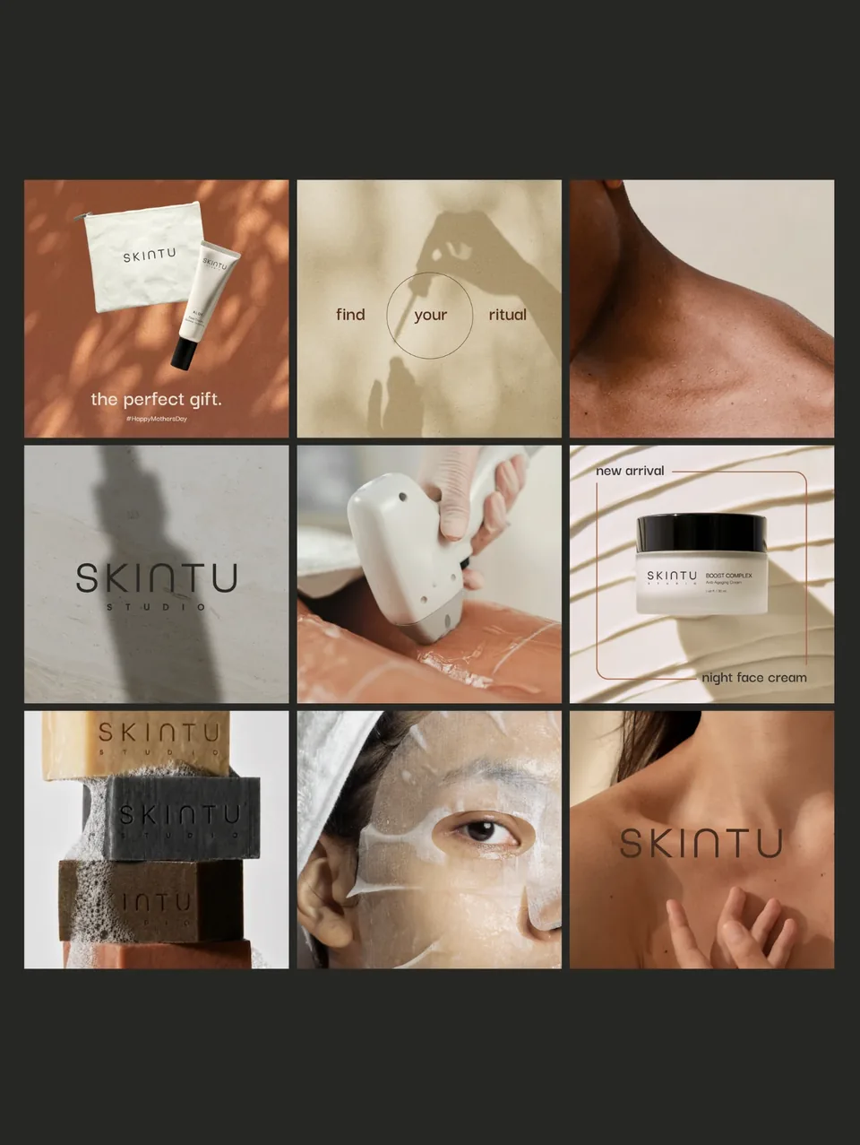 Cuadrícula de nueve publicaciones de Instagram de Skintu sobre fondo negro, con productos y retratos