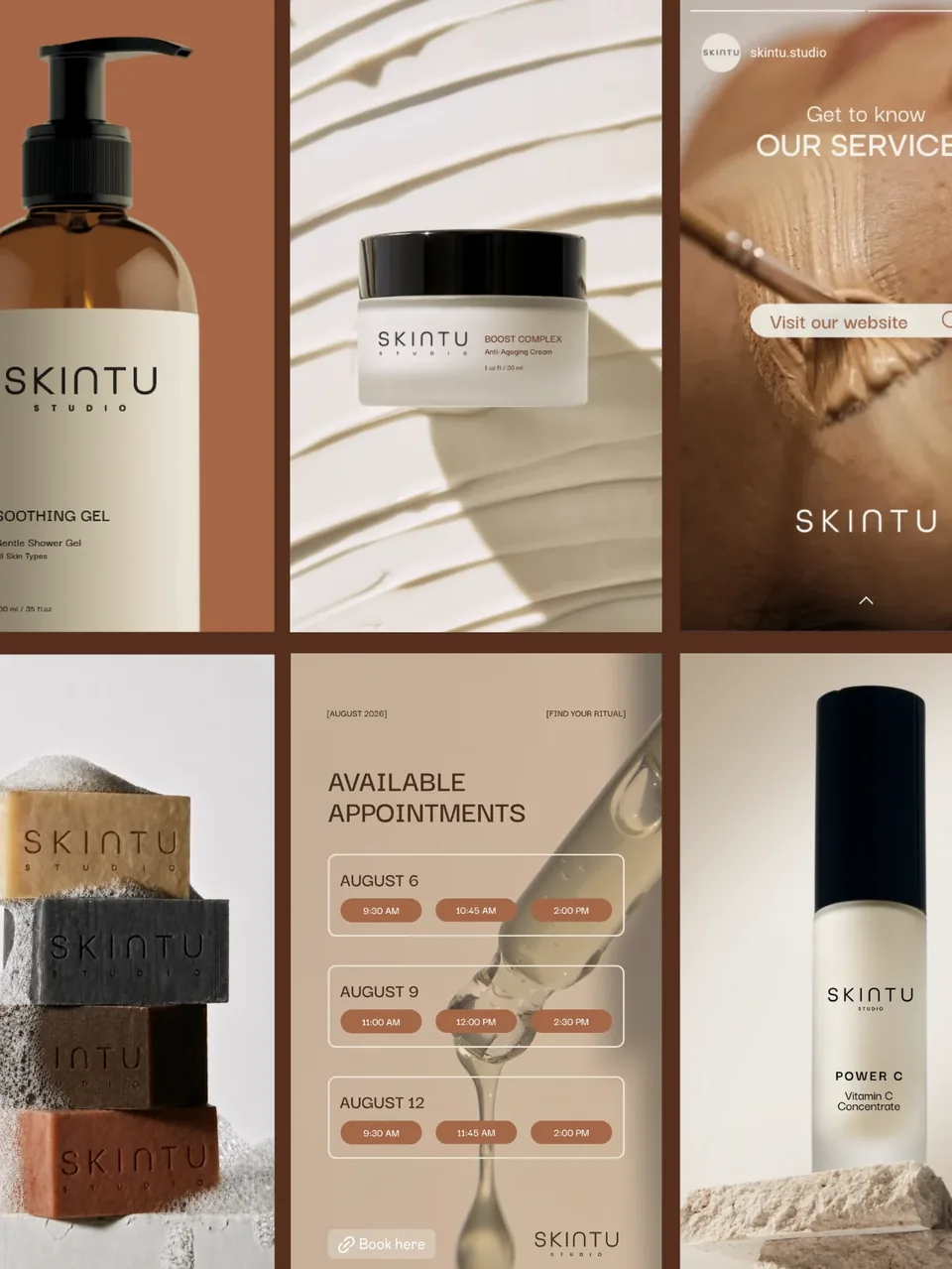 Seis publicaciones de Instagram de Skintu: productos, servicios y agenda de horas, en tonos arena y terracota